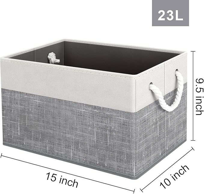 Fab totes Storage Bins 4-Pack, Foldable Storage Baskets for Organizing Toys, Books, Shelves, Closet, Large Storage Box with Rope Handles, Sturdy Organizer Bins, White & Grey