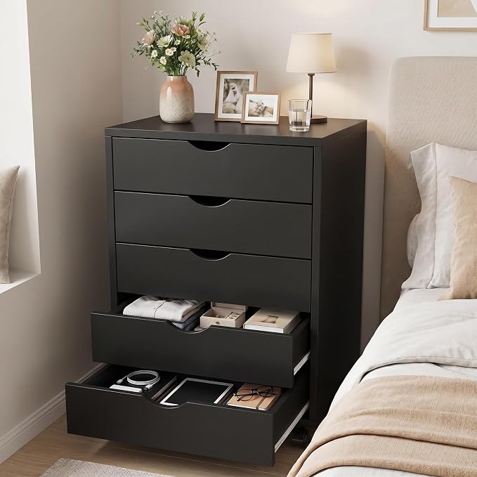 5 Drawer Mobile File Cabinet Under Desk Storage Organization with Wheels Vertical Filing Chest Rolling Wood Small Desk Printer Stand for Home Office, Black