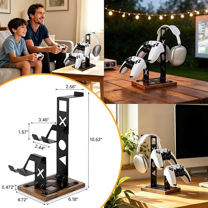 Headset Stand Gaming Controller Holder,Game Controller Stand Headphone Stand with Wood Base, Gaming Equipment Accessories for Desk Dual Organizer Rack Headset Holder for Son, Husband, Boyfriend