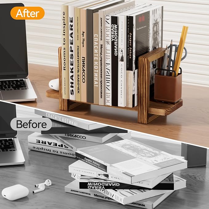 Adjustable Desktop Bookshelf, Wooden Tabletop Bookshelf, Small Desk Shelf for Home, Living Room, Class, Dorm