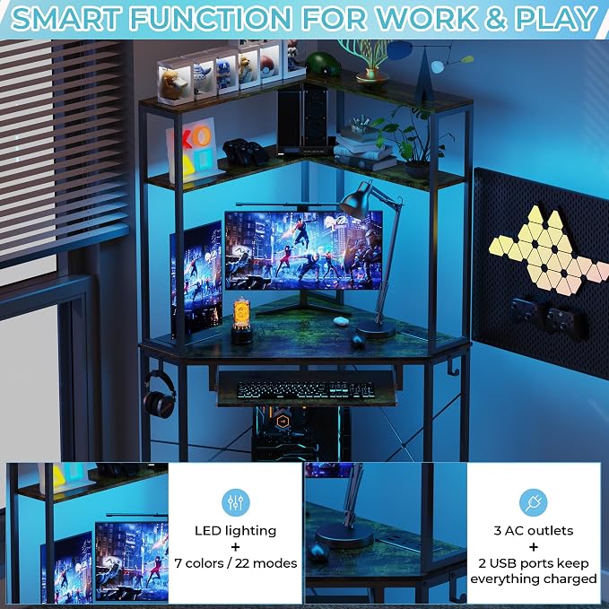 Corner Desk with Hutch and LED Lights, Corner Computer Desk with Keyboard Tray and Monitor Stand, Small Computer Desk for Small Spaces, Home Office（Rustic Brown）