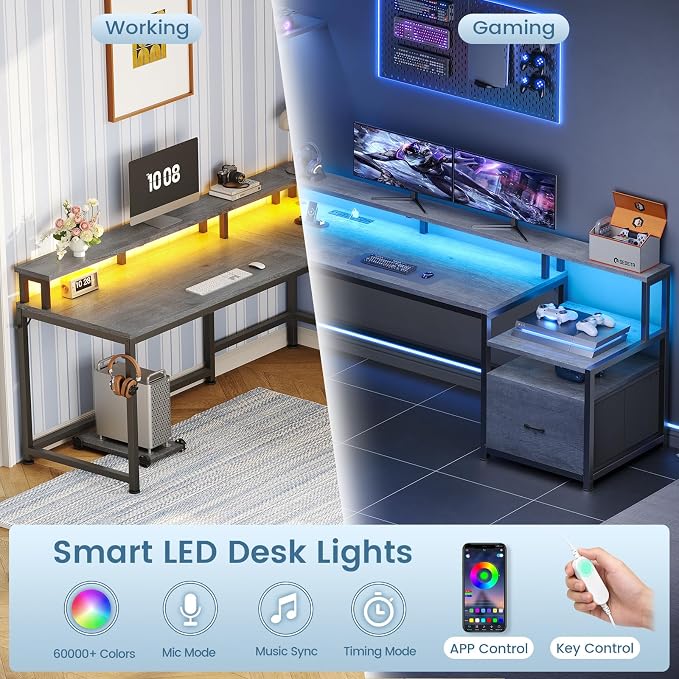 SEDETA L Shaped Desk, 66" Home Office Desk with File Drawer & Power Outlet, Gaming Desk with Led Lights, Corner Computer Desk with Monitor Shelf, Printer Storage Shelves, Two Person Desk, Grey