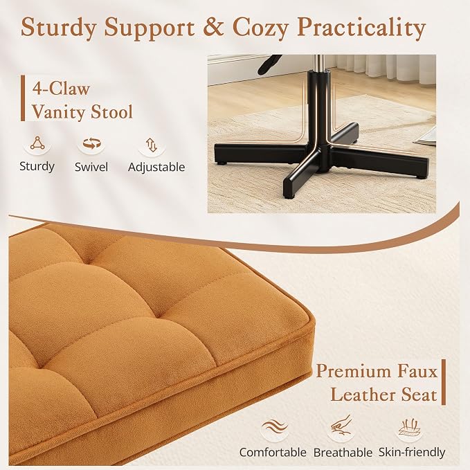 LUE BONA Adjustable Vanity Stool, 15''-19.5'' Foot Rest Under Desk, 360° Swivel Vanity Chair for Makeup Room, Ginger Yellow Upholstered Faux Leather Ottoman for Bathroom & Living Room, 300lbs