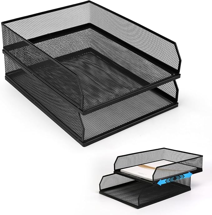 Stackable Paper Tray Desk Organizer, 2 Pack Letter File Tray, Wire Mesh Desktop Organizer, Front-Load Metal A4 Paper Sorter Documents Storage Holder Tray for Office Supplies Home School Classroom