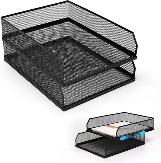 Stackable Paper Tray Desk Organizer, 2 Pack Letter File Tray, Wire Mesh Desktop Organizer, Front-Load Metal A4 Paper Sorter Documents Storage Holder Tray for Office Supplies Home School Classroom