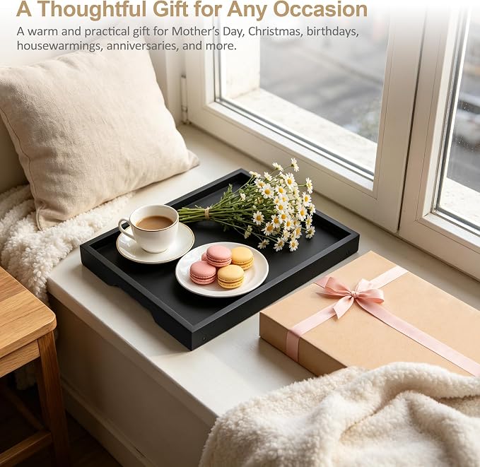 Breakfast Tray with Folding Legs Set of 2, Bamboo Bed Tray Table 15.7" Foldable TV Dinner Tray with Ergonomic Wave Handles for Bed Couch Sofa, Breakfast, Snacks, Coffee, Black
