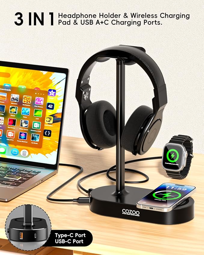COZOO Headphone Stand with Fast Wireless Charging Pad and 2 USB Charging Ports, Suitable for Gaming, DJ, Wireless Earphone Accessories