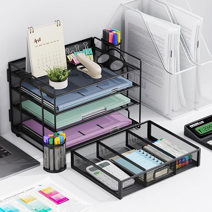Marbrasse Desk Organizer and Accessories4-Tier Paper File Letter Tray Accessories & Workspace Desk Organizers with Drawer and 2 Pen Holders for School Home Office Supplies (Black)