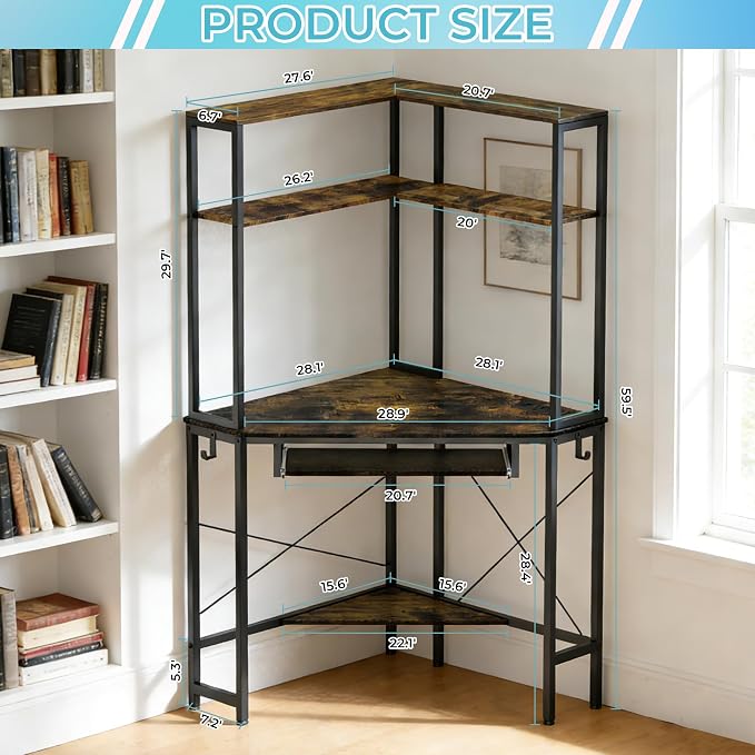 Corner Desk with Hutch and LED Lights, Corner Computer Desk with Keyboard Tray and Monitor Stand, Small Computer Desk for Small Spaces, Home Office（Rustic Brown）