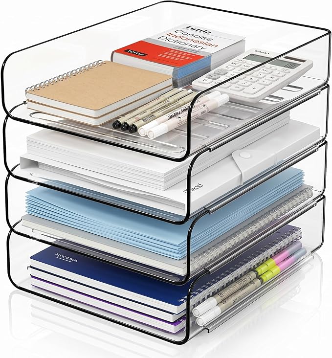 LALOBLUE Stackable Letter Tray Desk Organizer, Set of 4 Clear PET Paper & File Organizers, Document Storage for Office Supplies