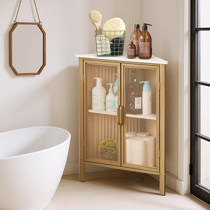 VECELO 3-Tier Corner Table,Cabinet with Mesh Door,Corner Shelf Stand,Metal Frame Storage Shelf Organizer Display Shelves for Wall Corner,Living Room,Bedroom Kitchen,Bathroom