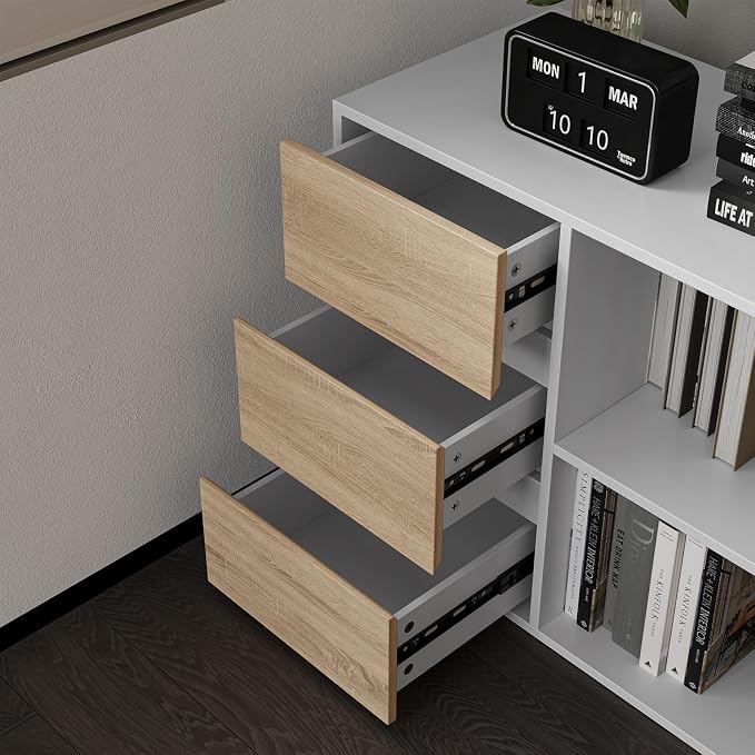Mekminop L Shape Computer Desk with 3 Drawers and 2 Shelves, Home Office Desk Corner Small Desk with Storage Cabinet for Writing Study Executive – Walnut and White