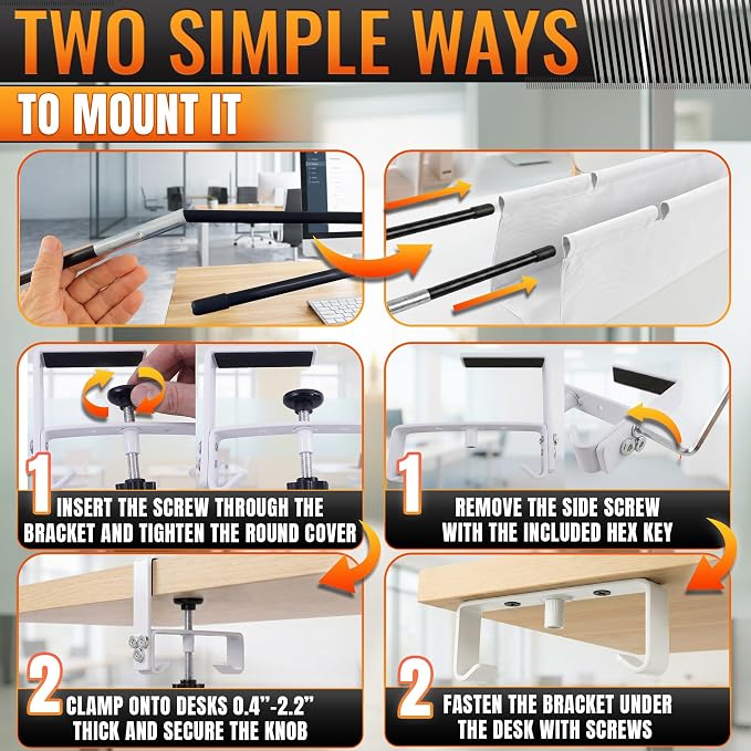 Under Desk Cable Management Tray 48" — No Drill Clamp-On Cord Organizer for Desk with Built-in Ties, Heavy Duty Metal Clamp, Foldable 600D Oxford Fabric for Home Office, WFH & Gaming PC Setup (White)