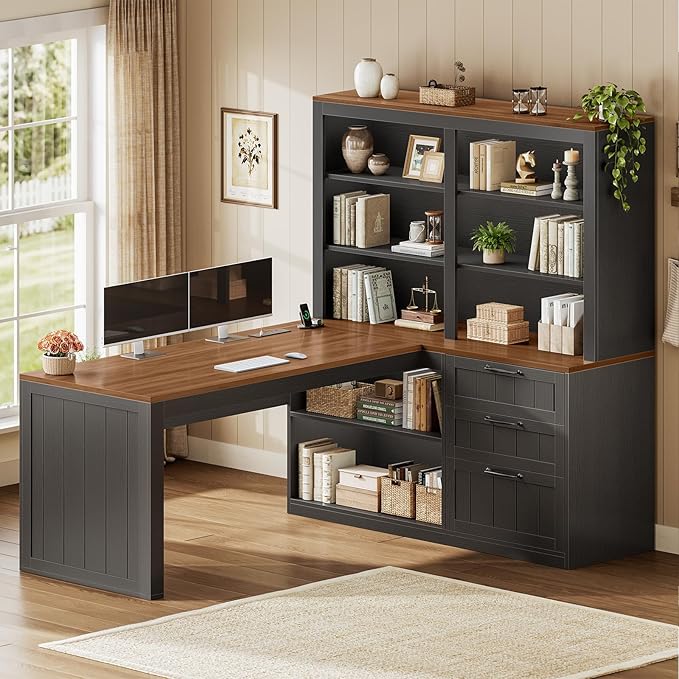 SEDETA Farmhouse L Shaped Computer Desk, 59'' Wood Office Desk with 3 Drawers and 5-Tier Bookshelf, Corner Desk with Storage Shelves and Power Outlet for Home Office Small Space, Black + Brown