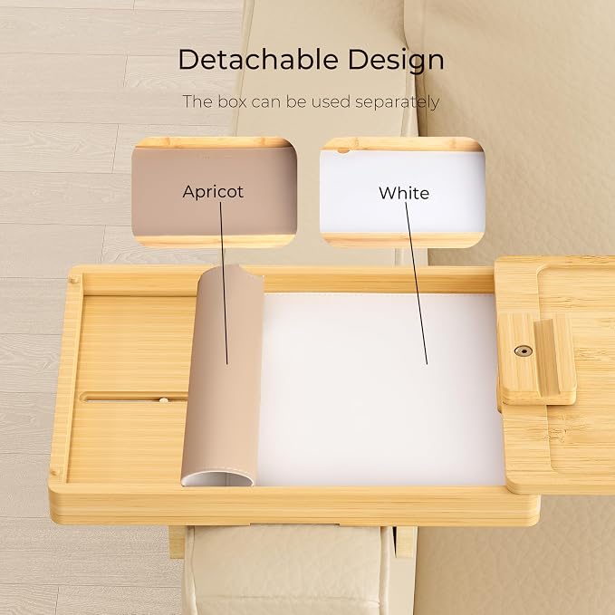 Wealone Bamboo Couch Arm Tray for Wide Couch, Sofa Arm Clip Table with Storage Box, Couch Armrest Tray with 360°Rotating Phone Holder, Sofa Arm Table Clip for Eating, Drinks or Dining