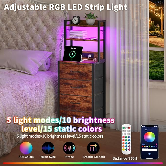 Tall Nightstand with LED Light, LED Night Stand with Charging Station and USB Type C Port, Bedside Table with 4 Fabric Drawers for Bedroom, Dorm, Office (Brown)