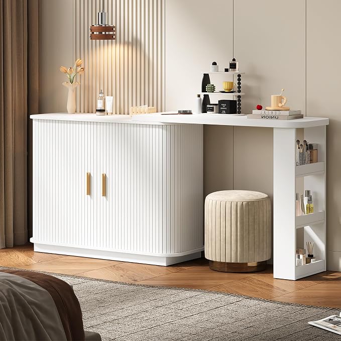 RoyalCraft 68” Extendable Makeup Vanity Desk, Modern L-Shaped Corner Vanity Desk with Silding Door, White Fluted Makeup Table with Curved Desktop and Adjustable Shelf, Wood Dressing Table for Bedroom