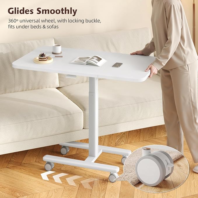 Homkdom C Shaped Table with Wheels, Side End Table with Extended Desktop, Adjustable Rolling Desk for Small Space, Dorm, Height Adjustment (29.5"-44"), White