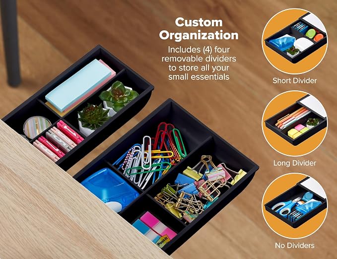 Bostitch Konnect Under Desk Drawer,Self-Adhesive Slide Out Storage Organizer with 4 Customizable Dividers,2 Count (Pack of 6)