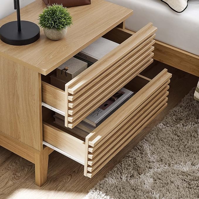 Modway Render Mid-Century Modern, Two-Drawer Nightstand, Oak