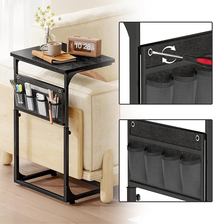 Fixwal C Shaped Side Table Adjustable Height End Table for Couch Small Sofa Table TV Tray with Storage Bag for Living Room, Bedroom & Office, Black