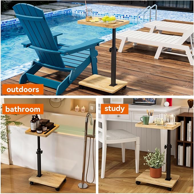 IBUYKE C Shaped Side Table Height Adjustable, 360° Swivel TV Tray Table with Wheels, End Table for Small Spaces,Living Room,Small Bedside Table for Eating, Dinner or Laptop,Natural UTVT007R