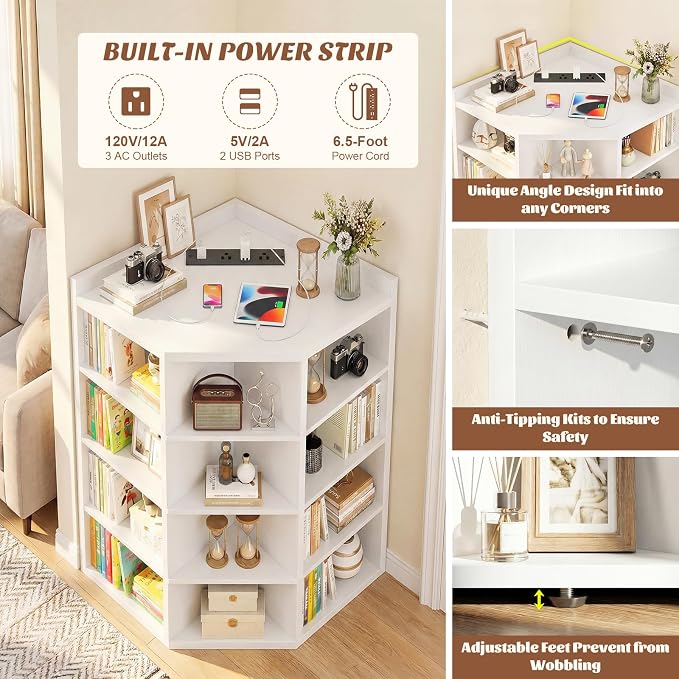 Aheaplus 5-Tier Corner Cube Bookshelf with Power Outlets, Wooden Corner Storage Cabinet with 12 Cubes, Corner Cube Organizer Shelf with Top Table, L Shaped Cubby Bookcase for Home Office, White