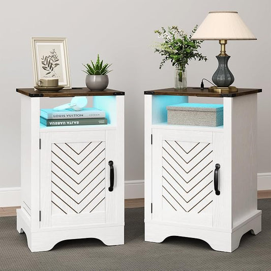 RoyalCraft 25" Tall LED Nightstand Set of 2, Farmhouse Nightstand with Charging Station, Large End Table with Storage, Wooden Rustic Bedside Table for Bedroom, Home Office, White and Rustic Oak