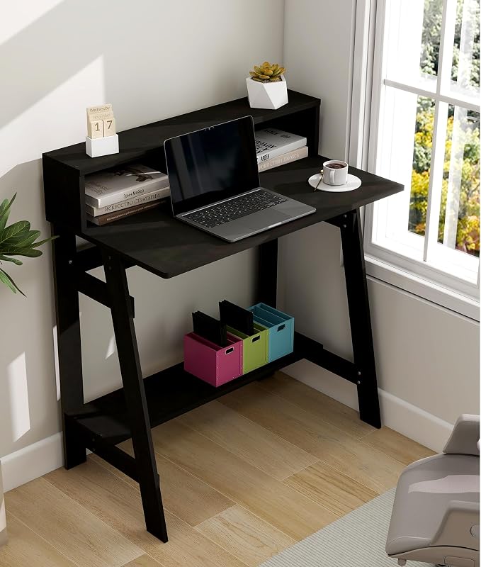 Small Desk for Bedroom, Computer Desk Office Desk with Storage, Corner Desk for Small Space, Dark Brown