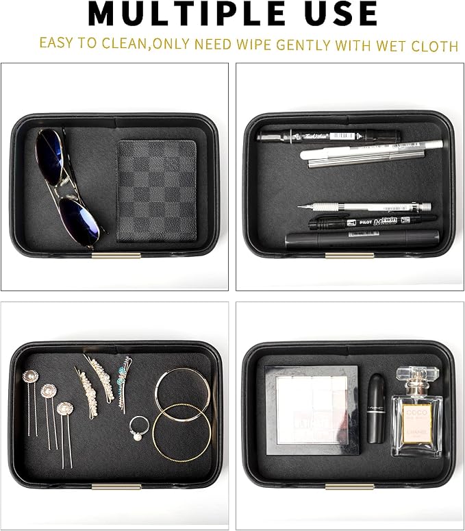 SANZIE Luxury Leather Tray Organizer Valet Tray Key Tray for Entryway Table Desktop Storage Catchall Tray Decorative Tray for Jewelry Keys Wallet Phone Watch (Metal Gilded, Black)