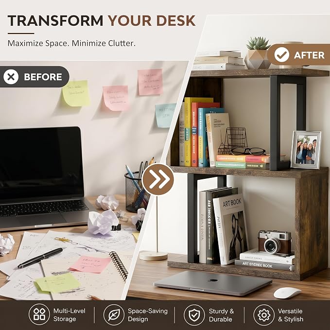 Desk Organizer and Desk Hutch Shelf – Desktop Bookshelf for Small Spaces, Mini Storage Unit for Dorm, Office, 3-Tier Desk Top Organizer Shelf, Rustic Brown