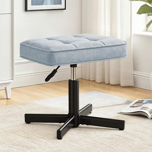 LUE BONA Adjustable Vanity Stool, 15''-19.5'' Foot Rest Under Desk, 360° Swivel Vanity Chair for Makeup Room, Blue Upholstered Faux Leather Ottoman for Bathroom & Living Room, 300lbs