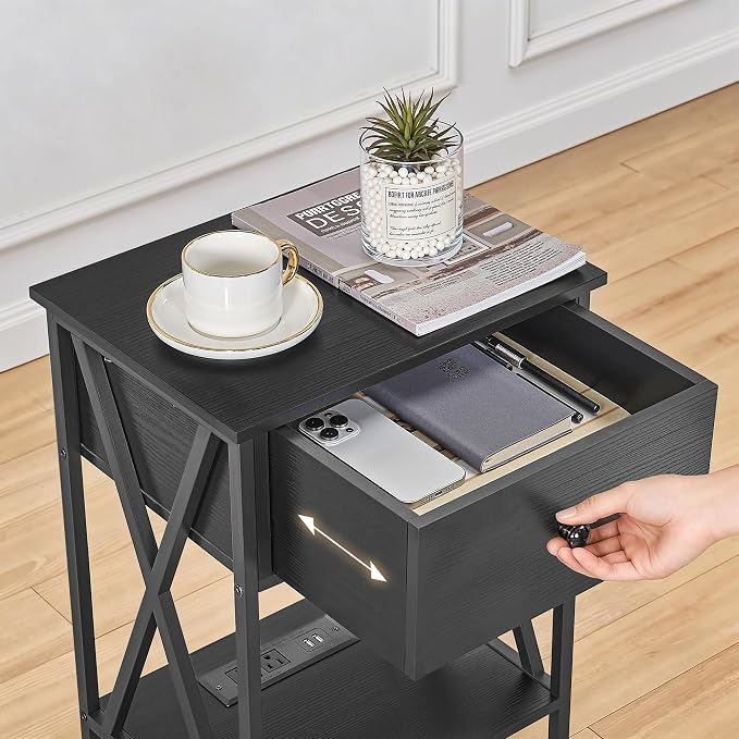 VECELO Nightstand Set of 2,End Tables with Charging Station,Bed Side Table with Open Shelf &USB Ports & Outlets,Small Dresser for Bedroom, Living Room,Black