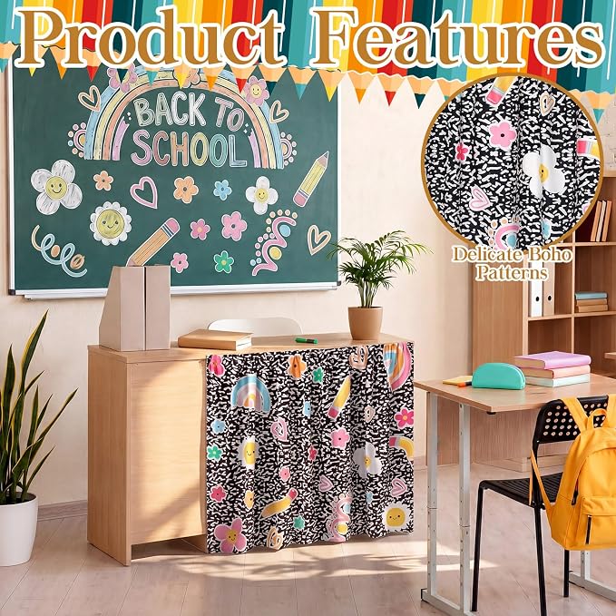 VitalCozy Composition Notebook Table Skirt for Classroom Teacher 35" W x 35" L Desk Curtain Skirts Teacher Appreciation Week Back to School Gifts for Kindergarten Classroom Office Bookcase Decoration