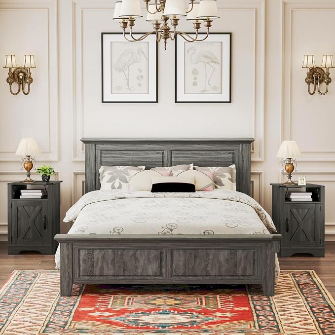 RoyalCraft 25" Tall Nightstand Set of 2, Farmhouse Nightstand with Charging Station, Large End Table with Storage, Wood Grey Bedside Table for Bedroom, Dark Grey