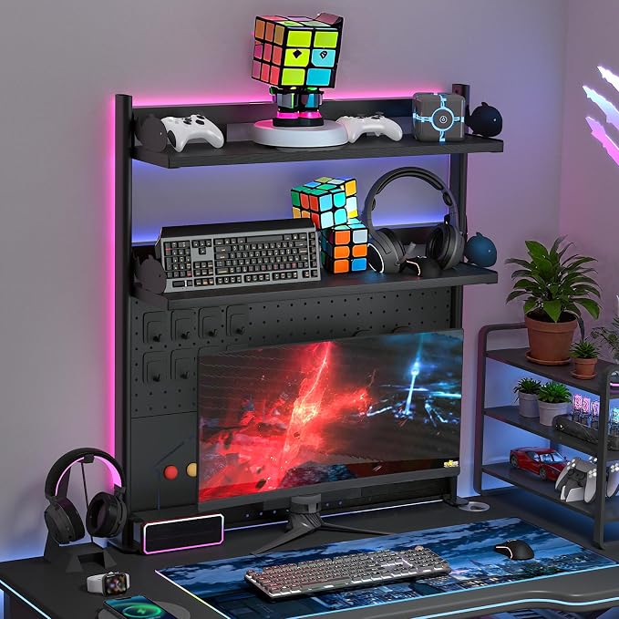 Modern Metal Clamp-On Desk Hutch with Pegboard, 2-Tier Desktop Organizer Shelf for Home Office or Gaming Desk, 31.4", Black