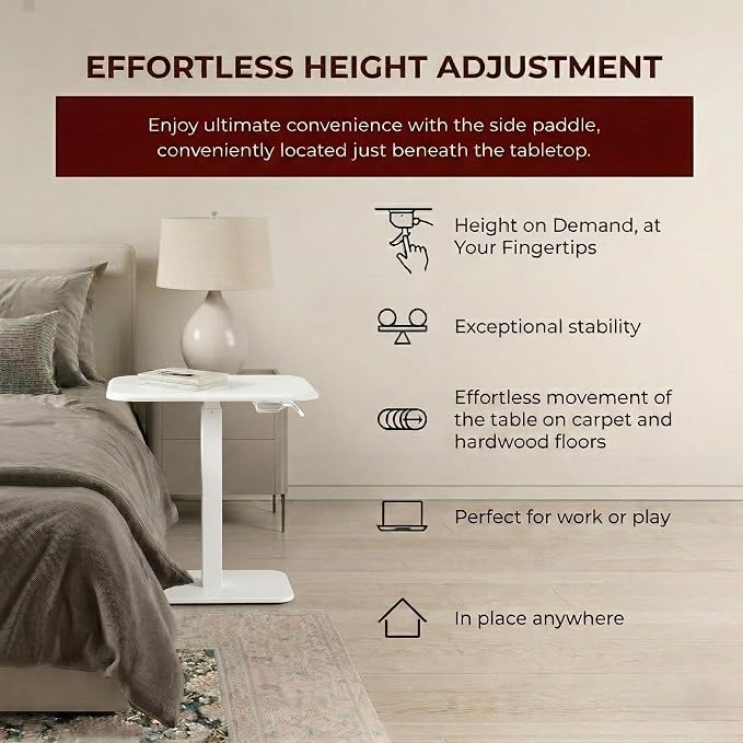 Elevance Height Adjustable Side Table, White Base, Cloud White Top | Sofa Laptop Table for Couch & Bed | Small C-Shape End Table for Home or Office