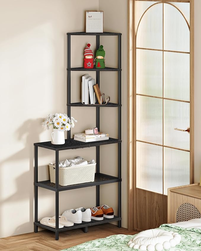 CHOEZON 6-Tier Corner Shelf, Industrial Corner Bookshelf with Desk Top, Diamond-Shaped Storage Shelves, Display Stand for Small Spaces, Living Room, Home Office, Foyer, Black TCJ70BB
