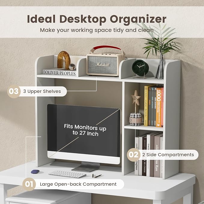 Giantex Desktop Bookshelf, Wood Desk Hutch Organizer for 27 Inch Computer Monitor, Countertop Storage Display Rack with 5 Shelves, Multipurpose Desktop Shelf Bookcase for Dorm Office Home, White