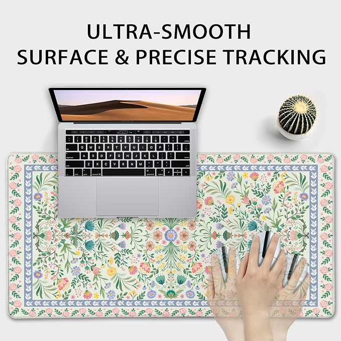 Green Floral Desk Mat, 31.5"x15.7" Large Mouse Pad, Anti-Slip Rubber Base Keyboard Pad with Stitched Edges, Water-Resistant Smooth Desk Blotter, Computer Mat for Home Office Desk