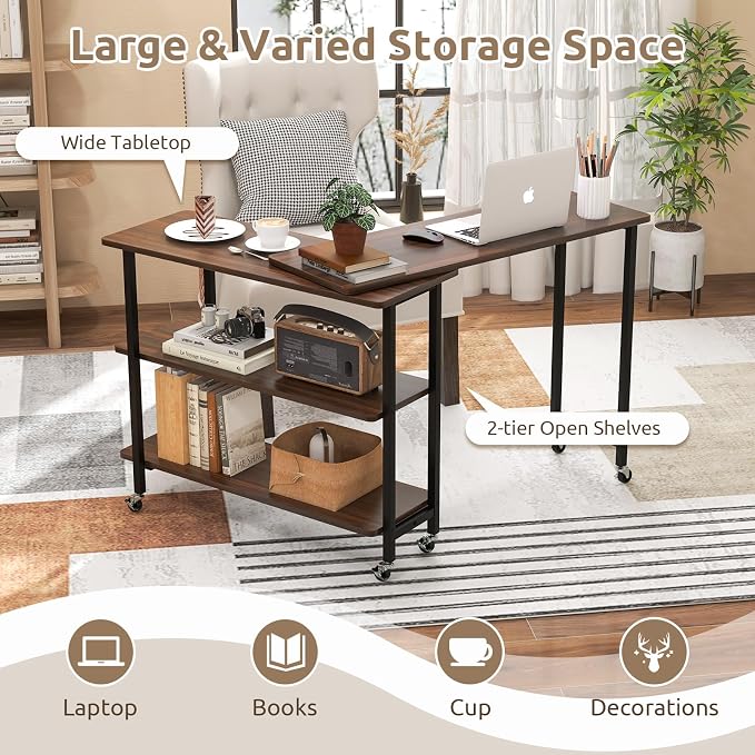Tangkula 360° Rotating Sofa Side Table, Patented Mobile End Table with 2-Tier Storage Shelves, Swivel Rolling Desk with 6 Lockable Wheels, Metal Frame, Movable Laptop Table Couch Snack Table for Home