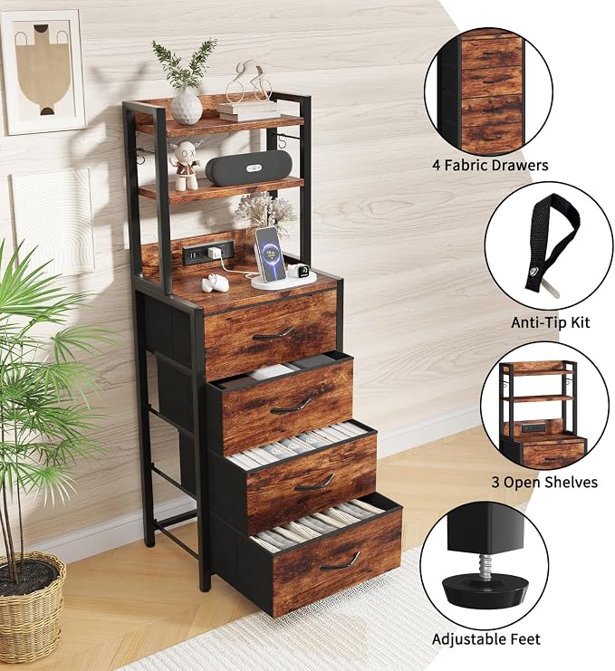 Tall Nightstand with LED Light, LED Night Stand with Charging Station and USB Type C Port, Bedside Table with 4 Fabric Drawers for Bedroom, Dorm, Office (Brown)