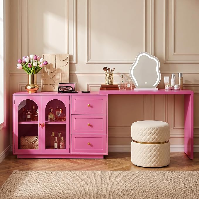 FansaFurn 83" 3-in-1 Vanity Table with 3 Drawers & 2 Doors, Extendable Makeup Vanity Desk, Morden Dressing Table for Bedroom, Dressing Room, Pink