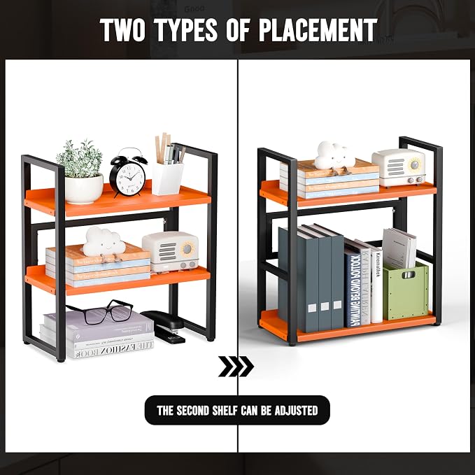 Brakki Desk Shelf Organizer, Adjustable 2 Tier Metal Desktop Shelves, Desktop Bookshelf Organization with Foot Mat, Multi-Functional Small Storage Rack for Office Dorm Home, Black and Orange