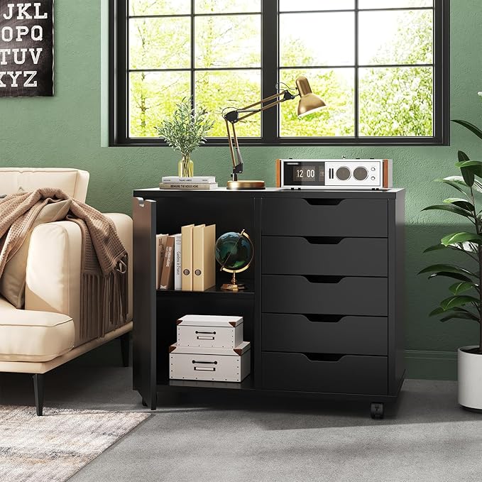 DUMOS 5-Drawer Office Storage File Cabinet Organizer with Wheels, Black | Under Desk Cabinets with Shelves and Door Printer Stand with Wood Board Metal Frame for Home Office Storage Craft Room