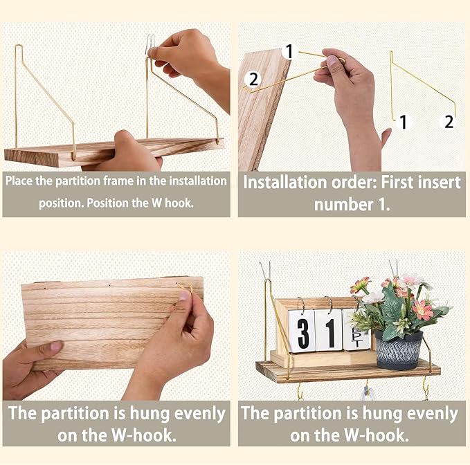 2-Pack Cubicle Shelf For Fabric Walls With Hooks：12x6.0in Wooden Cubicle Shelf Hanging Organizer Gold Shelves For Accessories Office Stylish Ations cubical Decorations For Women Desk work storage