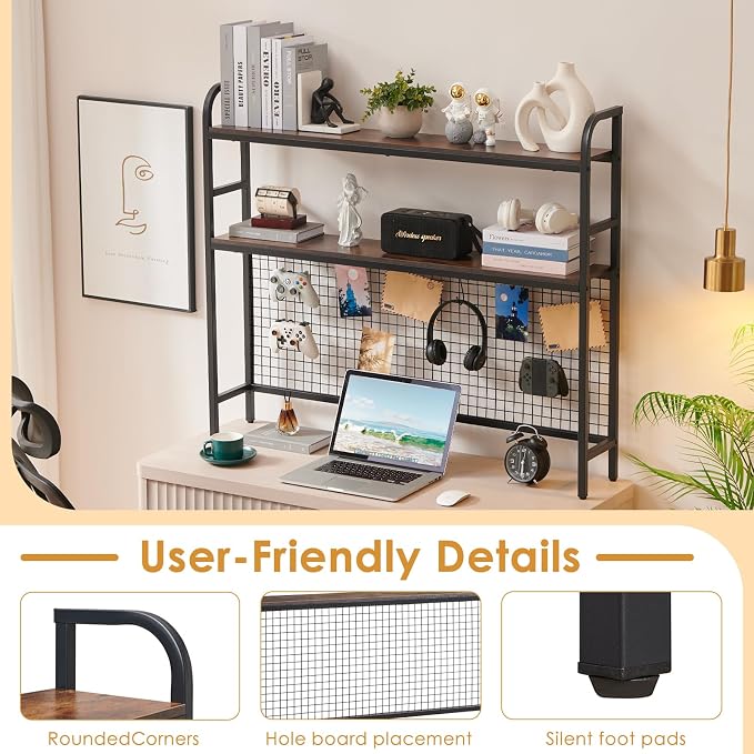 Desktop Hutch Shelf Organizer, 2-Tier Metal & MDF Desk Bookshelf with Grid Panel and Hooks for Office & Dorm (Rustic Brown, 45.3")