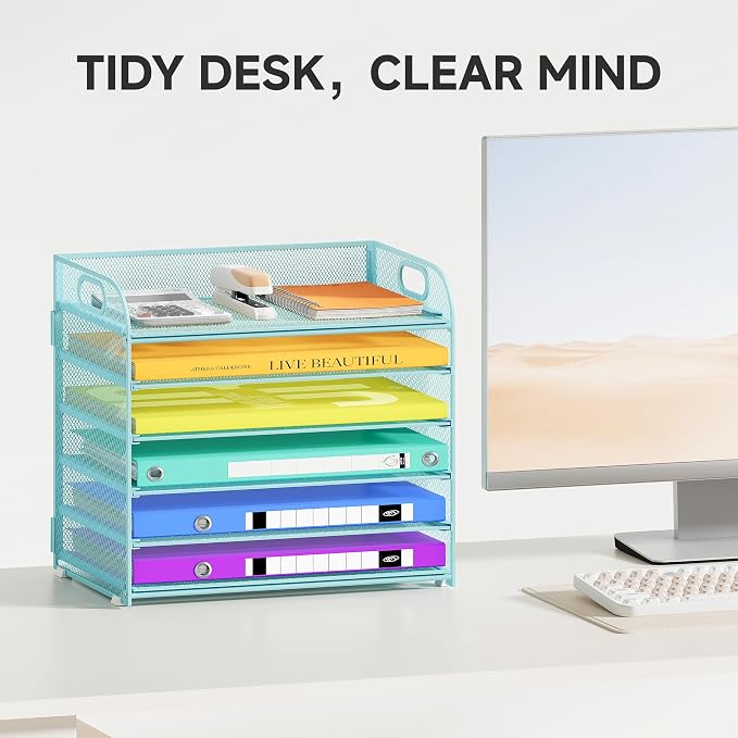 Cawukege 6 Tier Paper Organizer, Letter Tray with Handle, Mesh Desk Organizer, Metal File Organizer, Office Desk Accessories for Home, Office, Classroom, School -Blue