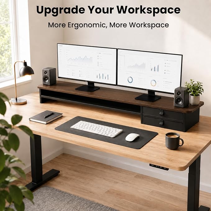 Dual Monitor Stand, 42.5 Inch Wood Monitor Riser with Drawers, 2 Tier Desktop Organizer for Computer Laptop TV, Large Screen Stand for Home Office Desk
