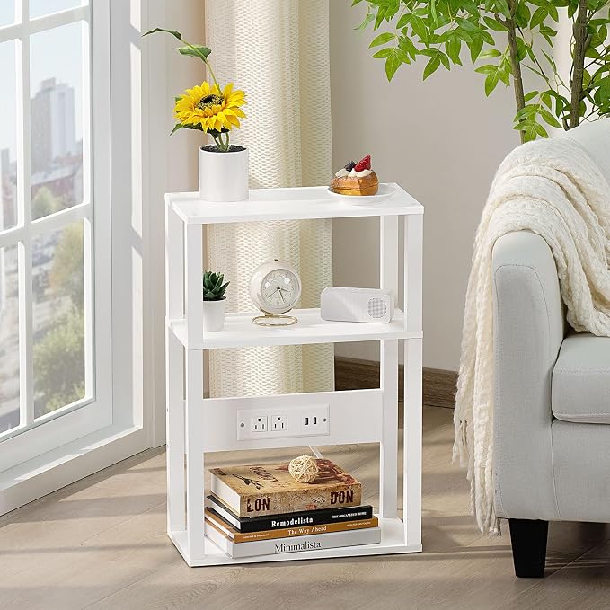 YUFAM 3-Tier Small Narrow Wood Side Table with Charging Station, Skinny Nightstand for Small Space, Slim Bedside Table with Storage for Couch, Thin End Table with USB Ports and Outlets, White